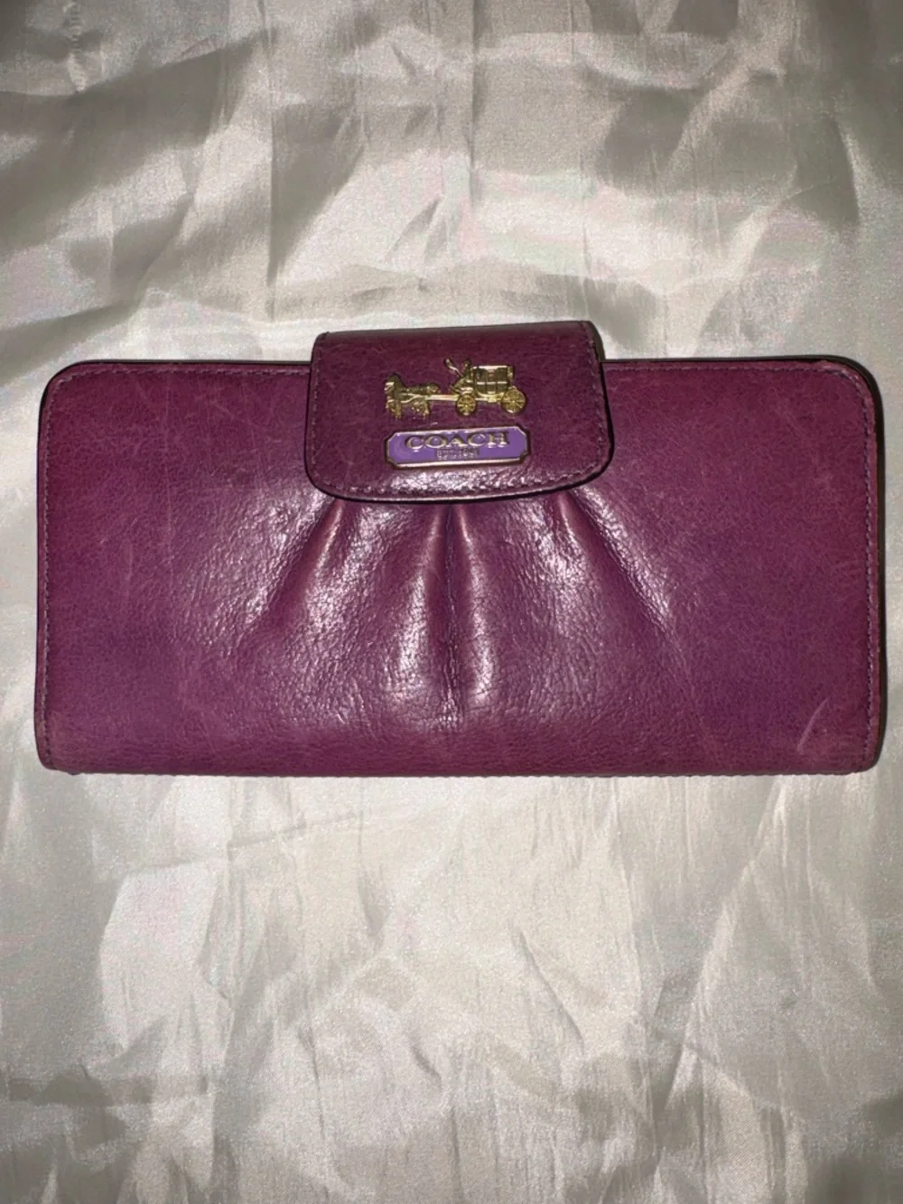 Coach Plum Leather Clutch Wallet with Gold Logo Accent - Picture 1 of 4